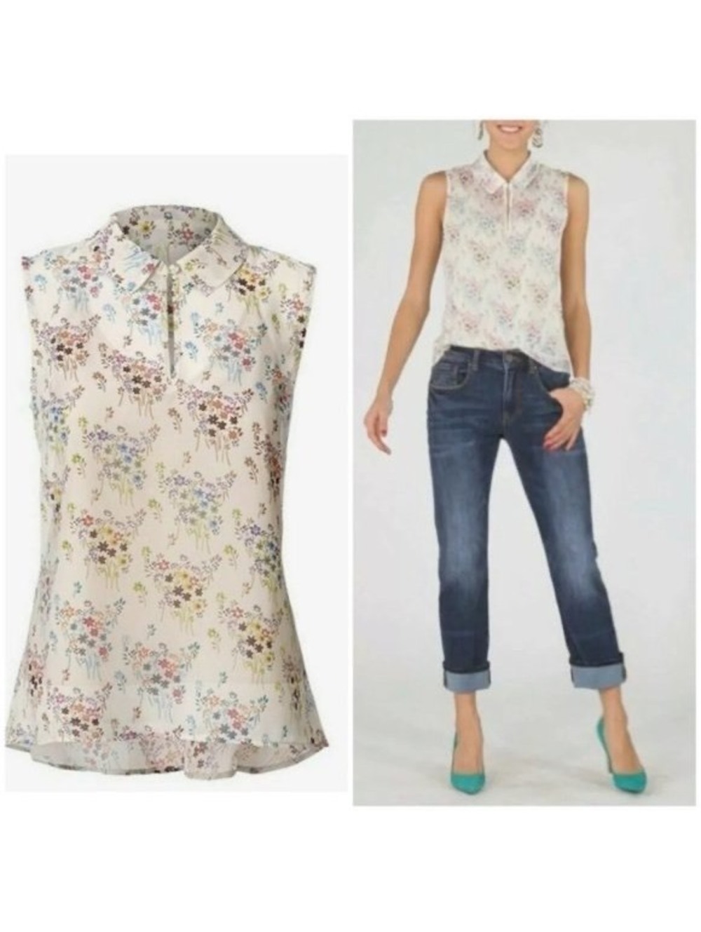 CAbi Women's Sleeveless Floral Blouse Essential Tank Sheer Cream Multi Medium